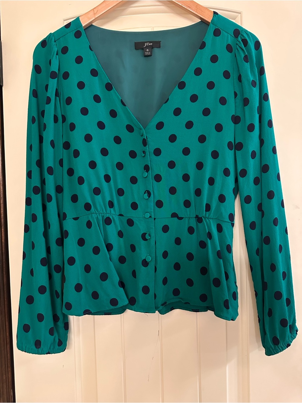 J. Crew Teal Green Polka Dot V-Neck Button Front Blouse